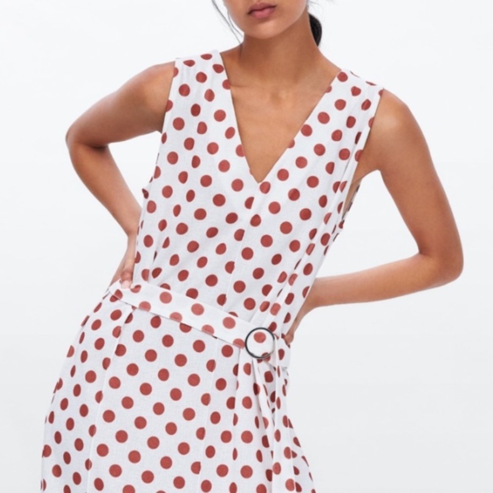 Zara V Neck Sleeveless Cream Rust Red Polka Dot Split Front Belted Dress SMALL